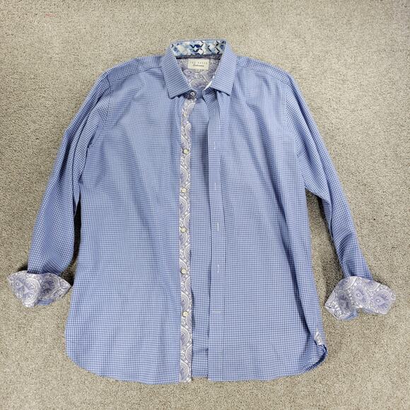 Ted Baker Endurance Button Up Shirt Mens 16 34/35 Blue Houndstooth Paisley Cuffs - Picture 1 of 16